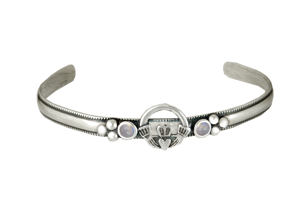 Sterling Silver Claddagh Cuff Bracelet With Rainbow Moonstone